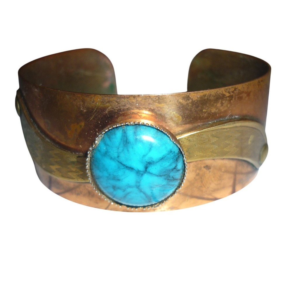 Vintage Southwest Copper & Brass Cuff Bracelet Faux Turquoise Mixed Metal Wave